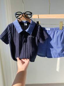 SHEIN 2pcs Newborn Baby Boy Summer Cute Preppy Style Navy Short Sleeve Polo Shirt And Elastic Waist Plaid Shorts Set, Suitable For Birthday Party, Rave, Evening Party, Performance, Wedding, One Month Celebration, Baptism And First Birthday Boys Vacation Outfit Sets Baby Boy Shirt And Short Set Boy Summer Sets - Multicolor - View 8