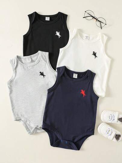SHEIN 4pcs/Set Unisex Newborn Baby Boy/Girl Cute Horse Print Sleeveless Solid Color Bodysuit Set, Spring/Summer Baby Clothes Baby Boy Tank Set Baby Boy Sleeveless Shirts