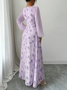 Modelyn Vestido de verano elegante de manga larga con cuello cuadrado y estampado para mujer - Morado - Ver 3