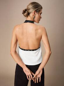 Maija Áo nữ màu trơn cổ yếm hở lưng thời trang đa năng thích hợp cho hẹn hò và dự tiệc - trắng - Xem 1