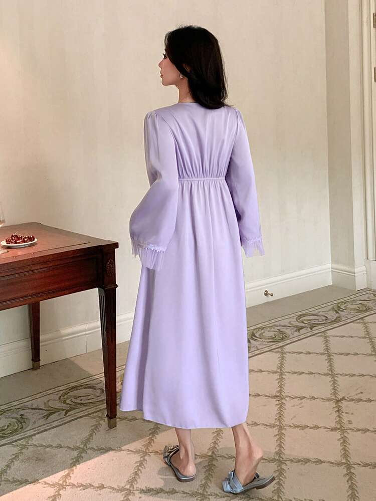 Charming Satin & Lace Patchwork Waist Tie Puff Sleeve Slit Design Women Nightgown