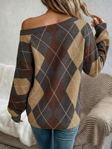 EMERY ROSE Women's Casual Off-Shoulder Sweater With Preppy Argyle Pattern - Cozy & Stylish Bohemian Knit For Spring And Autumn/Winter, Perfect For Outings, Travel, Vacation, Home Wear, Library, School, And Gifti,Sweaters For Women Spring - Multicolor - View 2