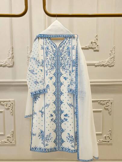 GlowEve White Base Blue Floral Print Long Sleeve Loose Straight Dress With Cover Up 2-Piece Set For Women