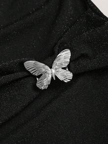SHEIN Sweetro 针织金属线性感抹胸修身迷你连衣裙，饰有蝴蝶金属扣，适合春、夏、秋、冬四季穿着。 - 黑色 - 查看 3