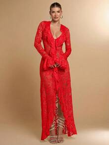 SHEIN BAE Đầm nữ màu trắng trơn, gợi cảm, đơn giản, thanh lịch, tay dài, xếp ly, cổ chữ V sâu, ren, thích hợp cho kỳ nghỉ hè đầu xuân, ngày lễ tình nhân, dự tiệc, hẹn hò lãng mạn, đám cưới, phù dâu, dạ hội, đi làm hàng ngày, sinh nhật, ngày lễ. - Đỏ - Xem 3