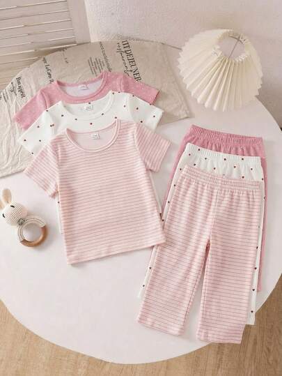 SHEIN Playful Pals 3件套女童夏季套装，女婴短袖波点休闲时尚套装