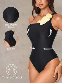 Shapewave Women's Black Summer Elegant One Piece Swimsuit,Holiday Beach One Shoulder Tummy Control Bathing Suit,Floral Halter Backless Ruffle Shapewear Swimwear - Multicolor - View 3