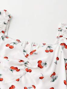 Olithes 女士樱桃印花甜心领短泡泡袖时尚连衣裙 - 杏色 - 查看 3