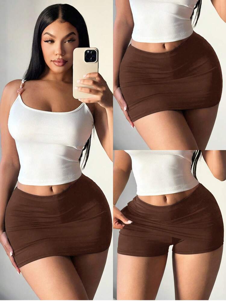 SHEIN SXY 女士棕色性感休闲迷你紧身裙（含打底裤） - 棕色 - 查看 6