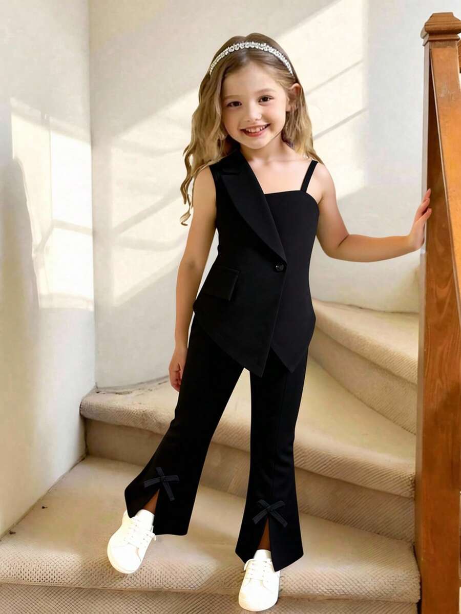 Elladie kids Mädchen Sommer Neues Design ärmelloses Top mit asymmetrischem Saum und weiter Hose Set, lässiger grüner frischer Modestil Outfit