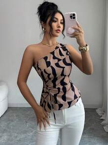 Elenzga Women's New Summer Asymmetric Shoulder Tank Top (Printed Irregular Cut), Sexy One Shoulder Geometric Print Fitted Blouse, Suitable For Dates, Commuting, Parties, Afternoon Tea - Khaki - View 5