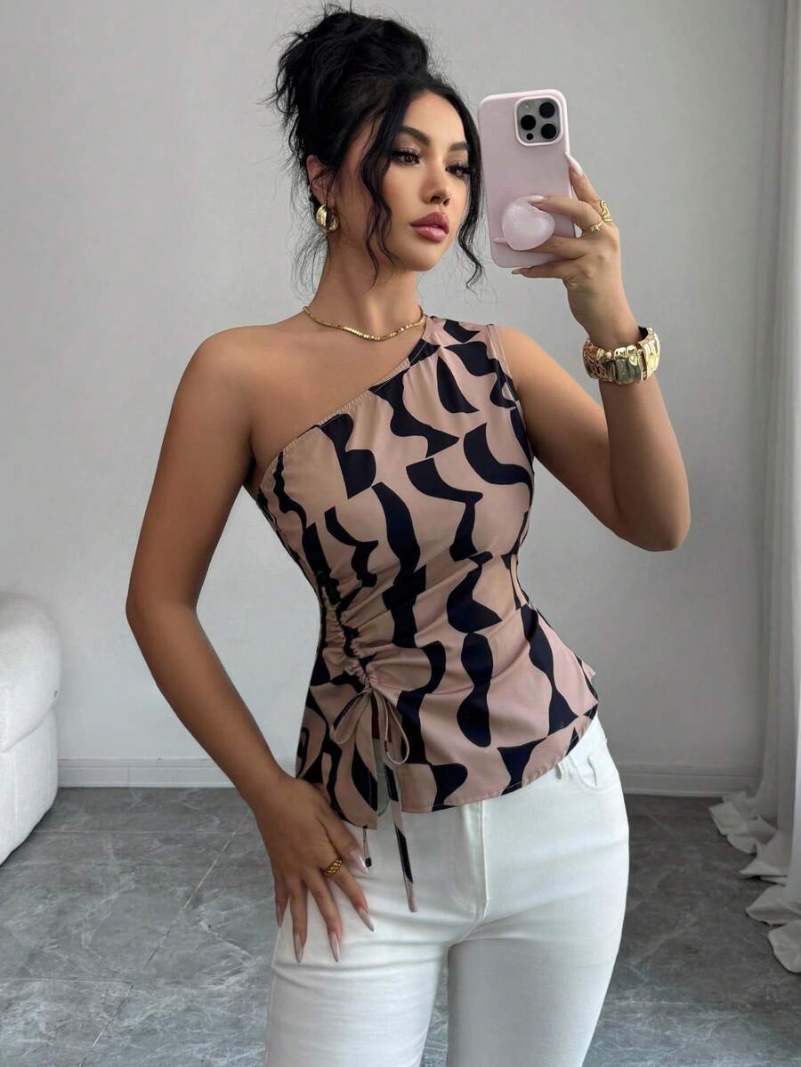 Elenzga Women's New Summer Asymmetric Shoulder Tank Top (Printed Irregular Cut), Sexy One Shoulder Geometric Print Fitted Blouse, Suitable For Dates, Commuting, Parties, Afternoon Tea - Khaki - View 1