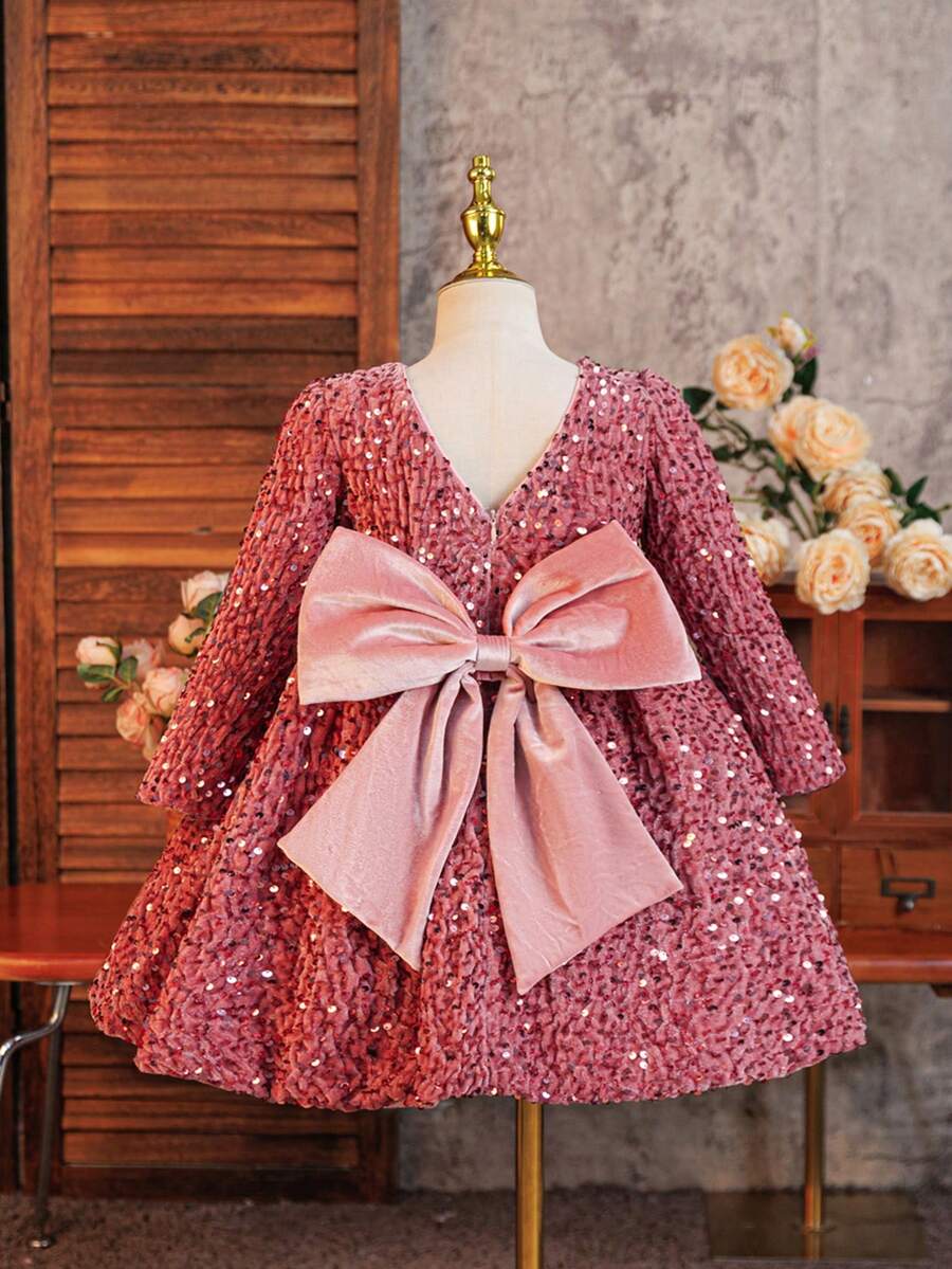 SHEIN Glamorique Kids Girls Princess Dress, Pink Sequin, Puff Long Sleeve, Puffy Skirt, Christmas Young Girl Dress, Party Wear, Ball Gown, Girls Princess Dress, Big Bow Back, Elegant Formal Dress - Dusty Pink - View 1