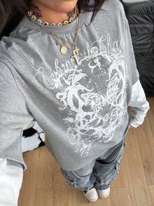 Coolane 女士秋冬街头休闲嬉皮学院风朋克哥特风纯棉印花宽松长袖T恤 - 灰色 - 查看 3