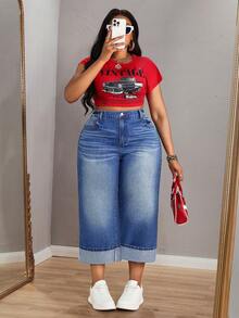 Slaydiva Quần jeans ống rộng cạp cao, xắn gấu, dáng suông, chất liệu wash, cỡ lớn, kiểu dáng thường ngày. - Màu xanh lam - Xem 7
