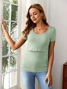 SHEIN 孕妇纯色短袖休闲百搭哺乳T恤 - 綠色 - 查看 4