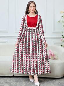 SHEIN 少女白色玫瑰提花印花拼接红色喇叭袖流苏系带休闲连衣裙，国庆节 - 白色 - 查看 4