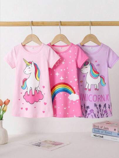 SHEIN 3pcs/Set Girls Cute Floral, Rainbow Unicorn, Cloud & Star Graphic Sleeveless Long Nightgown Pajama Set, Colorful Kids Clothes For Girls Girls Unicorn Clothes Clothes For Girls Kids Girls Clothes For Kids Clothes For Kids Girls