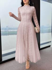 Feyla Women's Floral Lace Patchwork Pleated Hem Elegant Dress - Pink - View 3