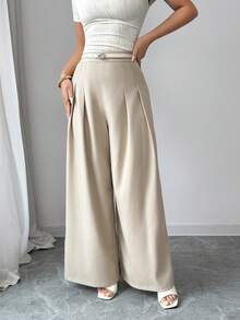 Modelyn 女士休闲百搭通勤纯色褶裥阔腿裤高腰裤优雅女士阔腿裤宽松裤米色带腰带女裤 - 卡其色 - 查看 7