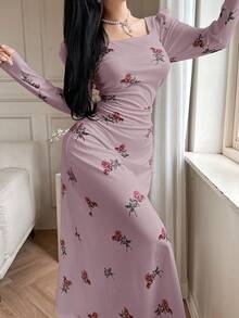 Feyla 女士印花方领泡泡袖修身中长连衣裙，优雅 - 粉色 - 查看 4