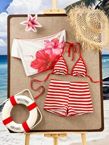 Swim Vcay 2026新款春夏三件套女士特殊面料三角比基尼、泳裤、网纱罩衫沙滩度假休闲泳装套装 - 彩色 - 查看 6