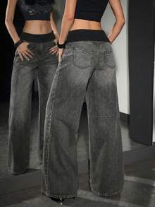 SHEIN Unity Quần jean ống rộng dáng suông, phối màu đa năng dành cho nữ, thích hợp mặc đi làm. - Màu xám đen - Xem 2