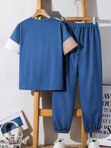 SHEIN 2-Pack Tween Boy Casual Sports College Art Retro With Stitching Round Neck T-Shirt And Trousers Set Suitable For Kids Outfits Toddler Boy Clothes Back To School Boys Set Suitable For Birthday Parties, Evening Parties, Performances, Weddings, Baptisms, Opening Ceremonies Daily Suitable For Daily Use Suitable For School Suitable For Travel Suitable For Sports Suitable For Spring, Autumn And Winter Seasons