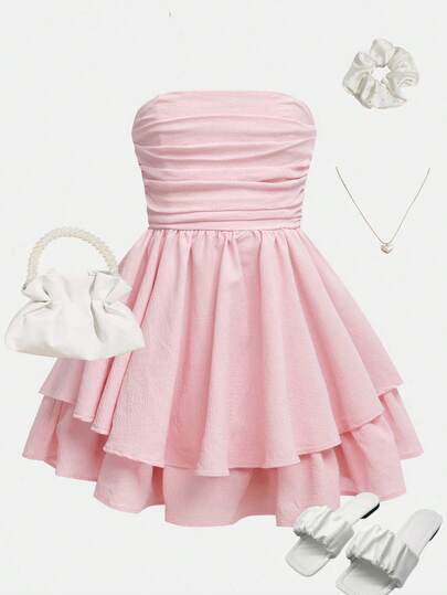 Girlism Tween Girl vävd enfärgad bubbelveckad dubbelkjol avslappnad axelbandsfri fransk älvklänning, elegant långärmad tårtklänning, perfekt för vardags- och skolkläder och dagligt bruk på höst och vinter, till jul, semester, till jul, festkläder, födelsedagsklänning, alla hjärtans dag, bröllopssäsong, prinsessklänning, alla hjärtans dag för barn