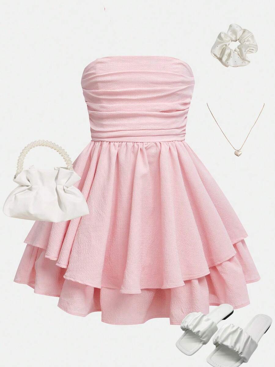 Girlism Tween Girl Woven Solid Color Bubble Pleated Double Layer Skirt Casual Strappy French Fairy Dress, Elegant Long Sleeve Cake Dress, Great For Casual & Daily Wear & School Daily In Autumn & Winter, For Christmas, Vacation, For Christmas, Party Wear, Birthday Dress, Valentine's Day, Wedding Season, Princess Dress, Valentine Day Kids - Pink - View 1