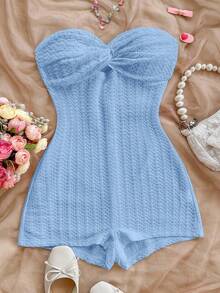 SHEIN PETITE CURVE Plus Size Women's Solid Color Twist Design Casual Romper - Baby Blue - View 3