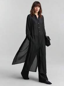 Ontre 2026 Spring/Summer New Women's Long Dress, Spring/Summer Clothing, Back To School, Women's Apparel, Christmas Outfit, Women's Teacher Uniform, Night Out Outfit, Business Casual, Women's Black Textured Long Sleeve Long Shirt Dress, Black Dress, Fashionable Versatile Bestselling Women's Long Dress - Black - View 8