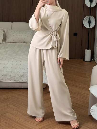DAZY Women's Solid Color Wrap Tie Long Sleeve Jacket And Wide Leg Pants Suit Set