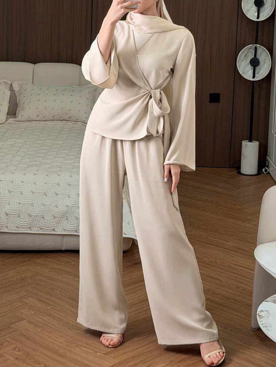 DAZY 女士纯色裹身系带长袖外套和阔腿裤套装 - 杏色 - 查看 1