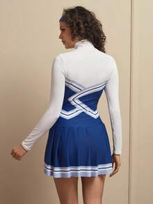 Cheerettes 女士字母印花长袖褶裥下摆运动连衣裙配短裤 - 藍白色 - 查看 2