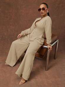 Vixey Solid Color Heavy Weight Fleece Sweatshirt Long Sleeve Wide Leg Jumpsuit - Apricot - View 3