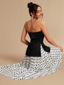 Silquee Bộ đồ 2 mảnh thanh lịch dành cho nữ mùa Xuân/Hè gồm áo quây đen và chân váy midi/chân váy chấm bi dáng chữ A, thích hợp cho các bữa tiệc, hẹn hò, đám cưới, lễ tốt nghiệp, các dịp trang trọng và các hoạt động về đêm. - màu đen - Xem 6