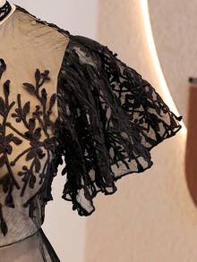 Tween Girl Floral Embroidery Mesh Splice Elegant Party Dress With Stand Collar - Black - View 3