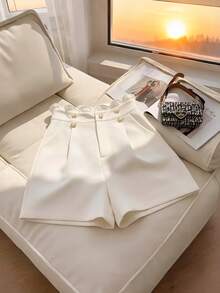 Franclia Summer Holiday Spring Breaks Valentines French Retro High Waist Ruffled Waist Shorts - White - View 3