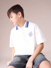 SUMWON 男童短袖 Polo 衫，经典领口，纽扣门襟，休闲校服风格上衣，夏季青少年学院风度假款 - 白色 - 查看 1