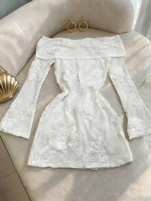 SHEIN Franclia 优雅纯色花卉刺绣露肩长袖迷你连衣裙 - 白色 - 查看 8