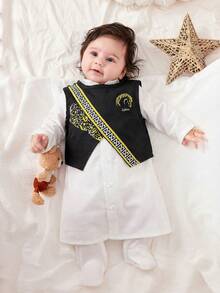 SHEIN 2pcs Newborn Baby Boy Autumn White Long Robe Shirt & Black Vest Set,Baptism,Wedding & Performance - Multicolor - View 11