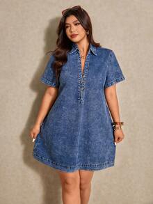Elaquor Plus Size Blue Denim Shirt Dress, Casual Commuter Dress, Elegant Summer Women's Clothing - Light Wash - View 7