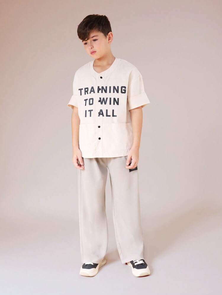 Baseball Henley Shirt And Wide Leg Pants Set