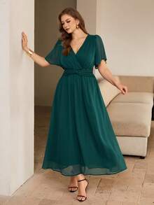 Roveilla 女士雪纺褶皱面料交叉收腰扭结露背褶皱松紧腰A字喇叭袖长连衣裙，优雅法式复古办公室通勤商务休闲街头风，百搭下午茶派对春夏装 - 墨綠色 - 查看 7