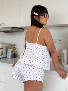 ZzzCrew Ensemble de pyjama avec camisole à encolure en cœur et pantalon imprimé fleurs de cerisier, grande taille - Blanc - Voir 3