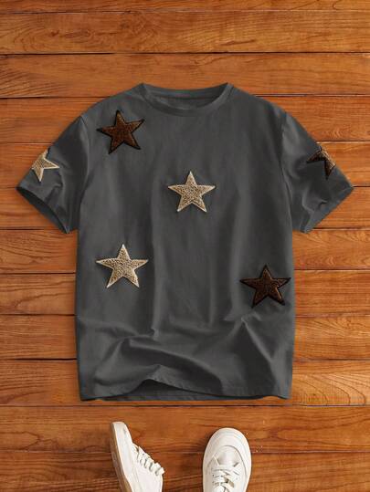 HIMLAND 男士休闲针织刺绣五角星插肩短袖T恤，适合日常穿着，星形T恤，男士T恤，星形衬衫，图案T恤