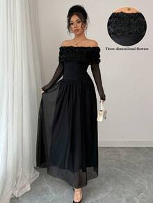 Elenzga Women's Romantic Valentine's Day 3D Floral Decor Off Shoulder Ruffle Long Sleeve Dress, Women's Resort Wear, Women's Luxury Evening Gown - Black - View 1