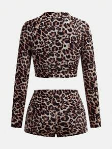 Maija Women's Leopard Print Collar Long Sleeve Top And Short Sleeve Casual Vacation Beach Swimsuit Set - Brown - View 6
