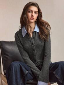 BizChic 2026 春季新款领口和袖口条纹撞色拼接前襟纽扣仿羊绒针织上衣，优雅百搭，适合派对、都市通勤和职场穿着。